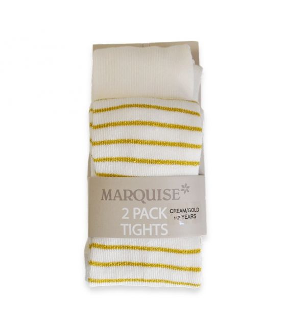Marquise Cotton Tights Twin Pack 'Cream + Gold Metallic Stripe' 0-6, 6-12mths, 1-2, 2-3, 4-6yrs